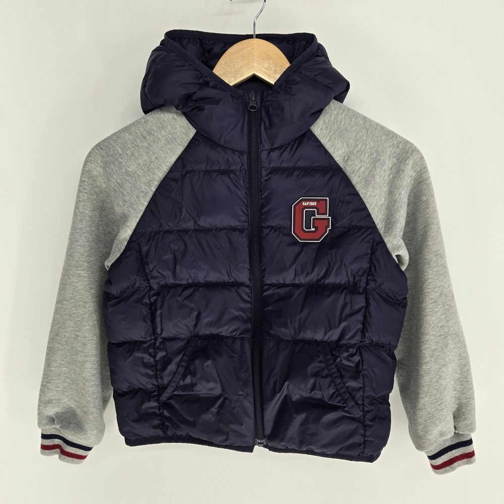 Gap Kids‎ Puffer Jacket Boys Small Navy Blue Gray Hooded Down Fill Varsity Coat